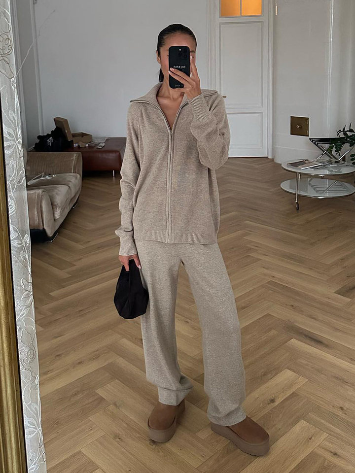 Bộ áo cardigan dệt kim khóa kéo phối quần dài ống rộng nữ — màu bột yến mạch, màu nâu, màu xám, trắng chi tiết 62