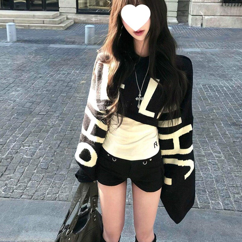 American-style spicy girl short coat with letter jacquard long-sleeve sweater for women, 2026 spring design pullover knit top