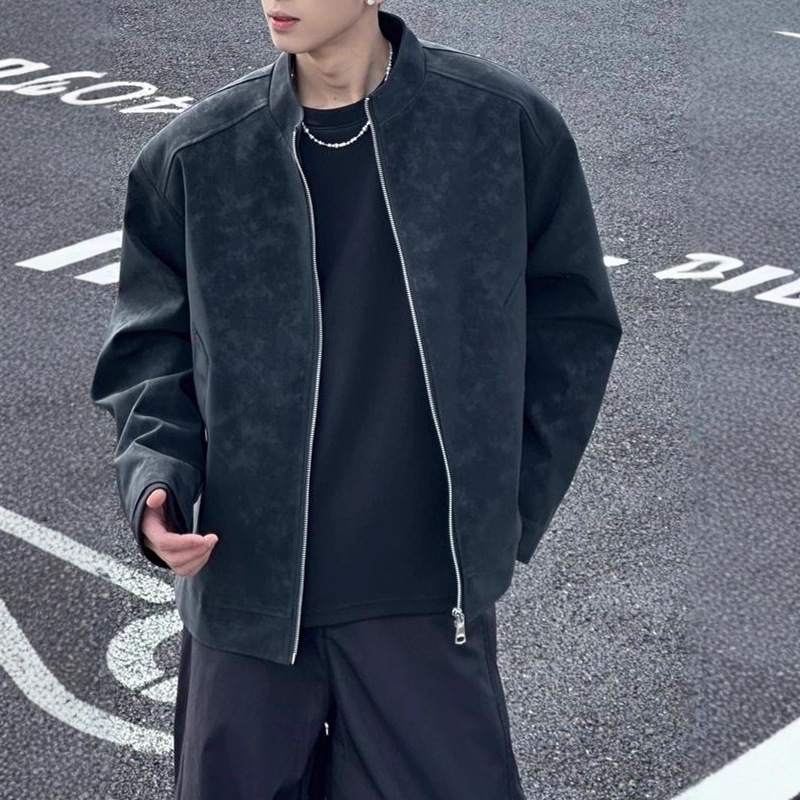 Chaqueta de cuero de pu de hombre de otoño chaqueta de niebla de cuello de béisbol entrenador de calle chaqueta de cuello de moda masculina