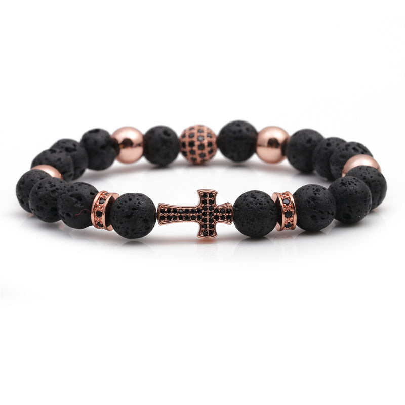 Fashion Copper Micro Inlay Cross Beaded  Tigereye Volcanic Rock Rhinestone Ball Bracelet display picture 7