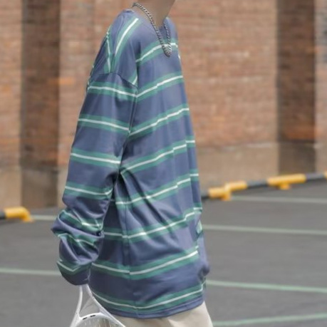 Retro Instagram Striped Long-Sleeve T-Shirt for Men, Loose Fit, Hong Kong Style, Japanese Inspired, Casual Basic Top, Crew Neck T-Shirt