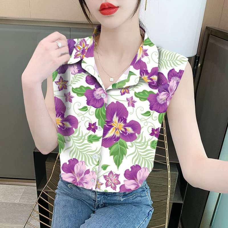 Женская свободная шифоновая блузка без рукавов с принтом на лацканах, с воротником поло, закрывающая живот, для трансграничной торговли