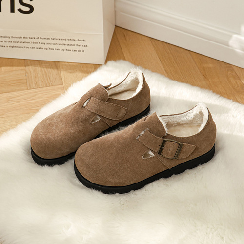Women's cotton shoes, plus velvet and thickened women's shoes, winter woolen shoes for outer wear, cotton slippers, large-toe shoes, thick soles, genuine leather, plus fur Birkenstocks