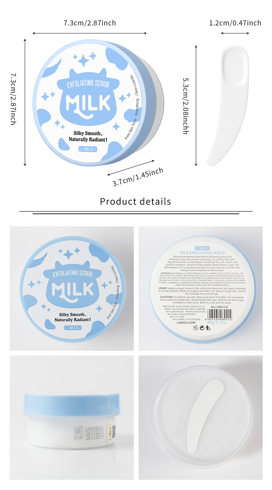 Manufacturer's in-stock cross-border LAIKOU milk Scrub 90g brightening skin tone, hydrating and moisturizing details Picture