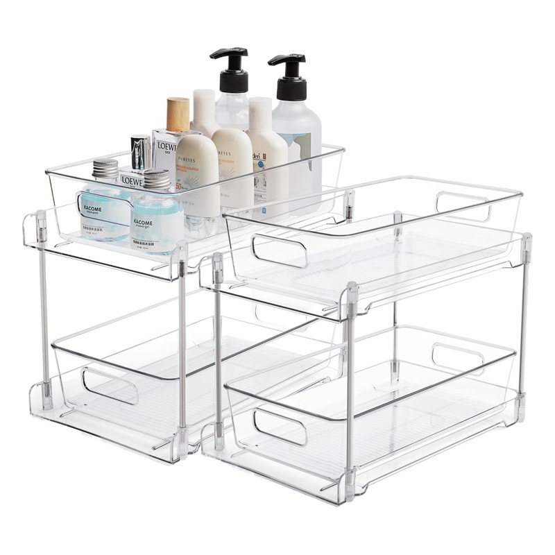 Transfronterizo de doble capa transparente PET fregadero de almacenamiento rack Baño Cocina multifuncional de almacenamiento de escritorio organizador de rack