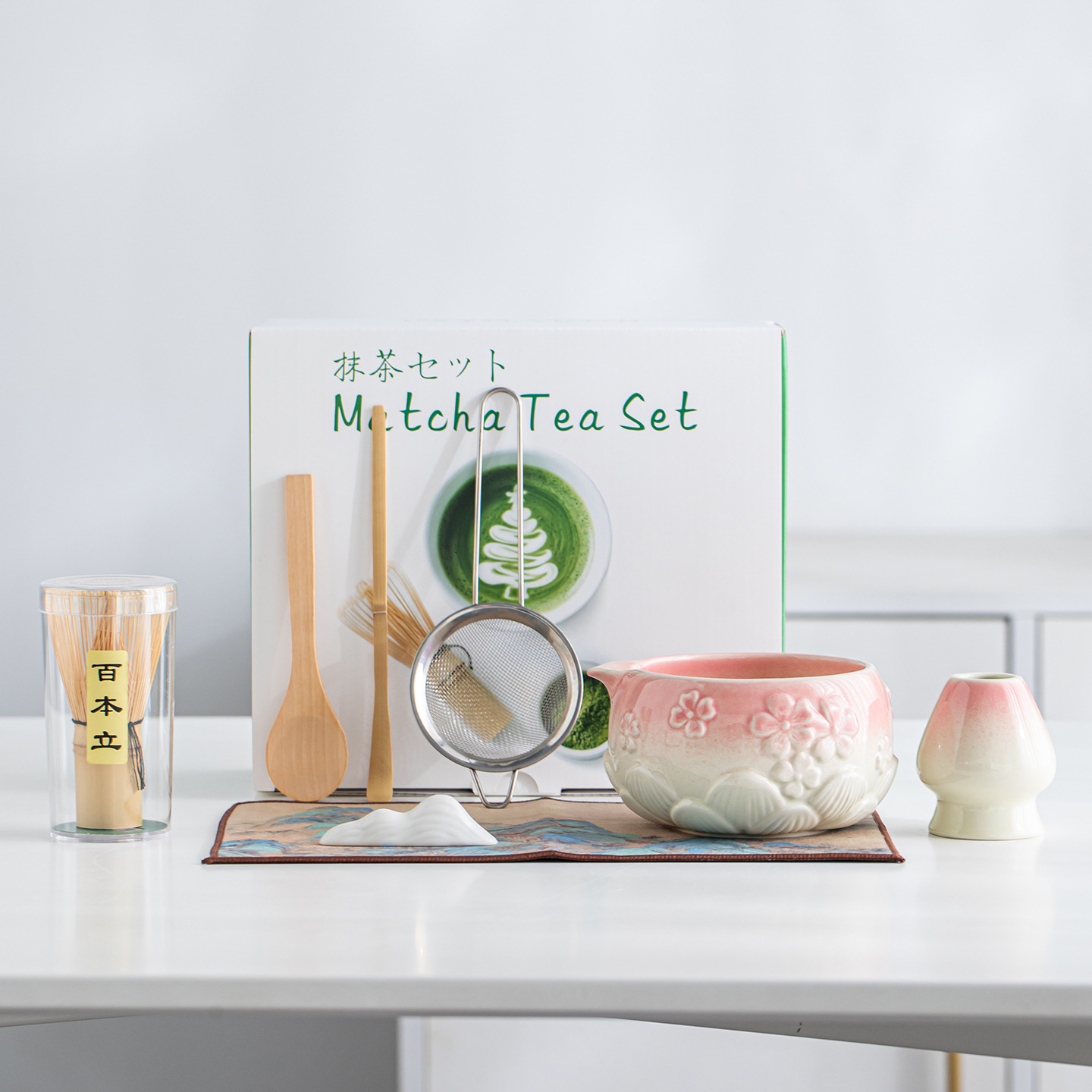 跨境日式樱花陶瓷抹茶碗茶筅立宋代点茶百本立工具茶具套装八件套