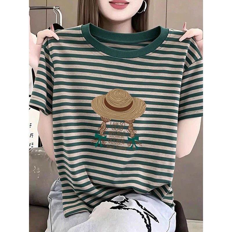 European-style popular striped cotton round-neck short-sleeve t-shirt for women, summer fashion, youthful design, color-blocking top European-style popular striped cotton round-neck short-sleeve t-shirt for women, summer fashion, youthful design, color-blocking top