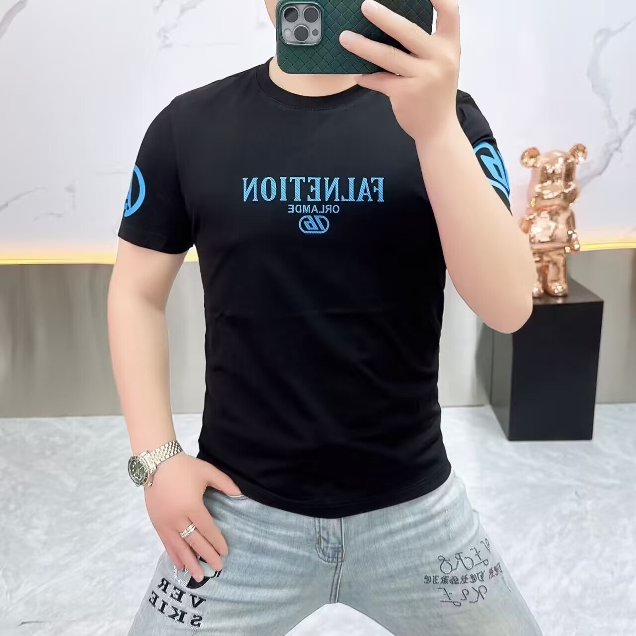 2025 Summer New Men's European Fashion Brand Letter Short-Sleeved T-Shirt Slim Fit Versatile Round Neck Half-Sleeve