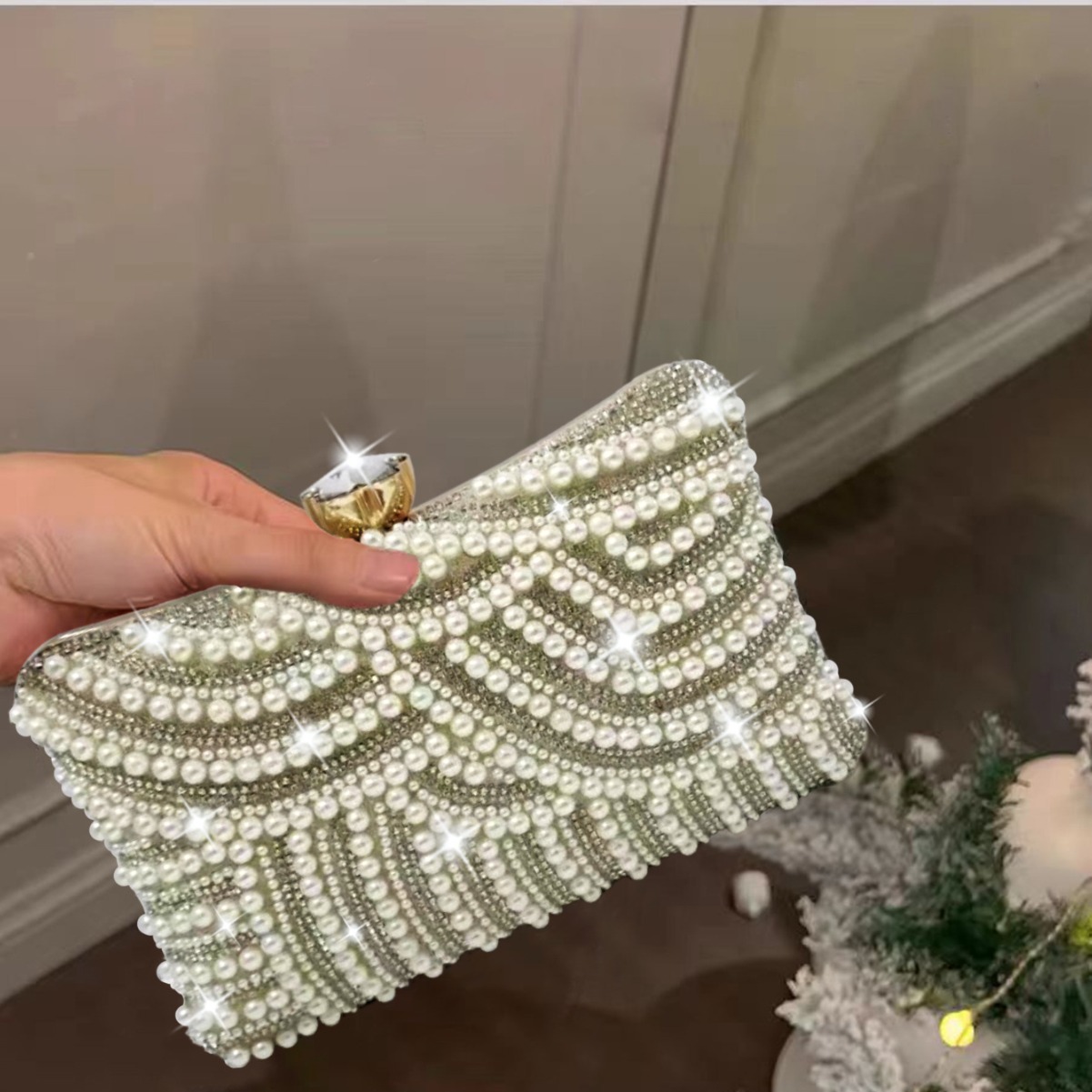 Cross-Border Exclusive Cross-Body Rhinestone Pearl Bag Wedding Ball Dinner Bag Women's Diamond Chain Box Clutch Bag
