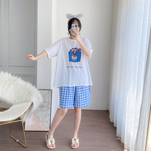 短袖睡衣女夏薄款纯棉透气手袋印花家居服大码胖mm200斤短裤套装