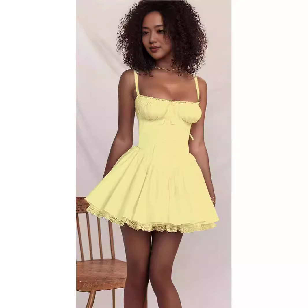 Vêtements pour femmes printemps et été, nouvelle mode sexy pour femmes, dentelle patchwork, bretelles à la taille, grande jupe trapèze_voghion.com