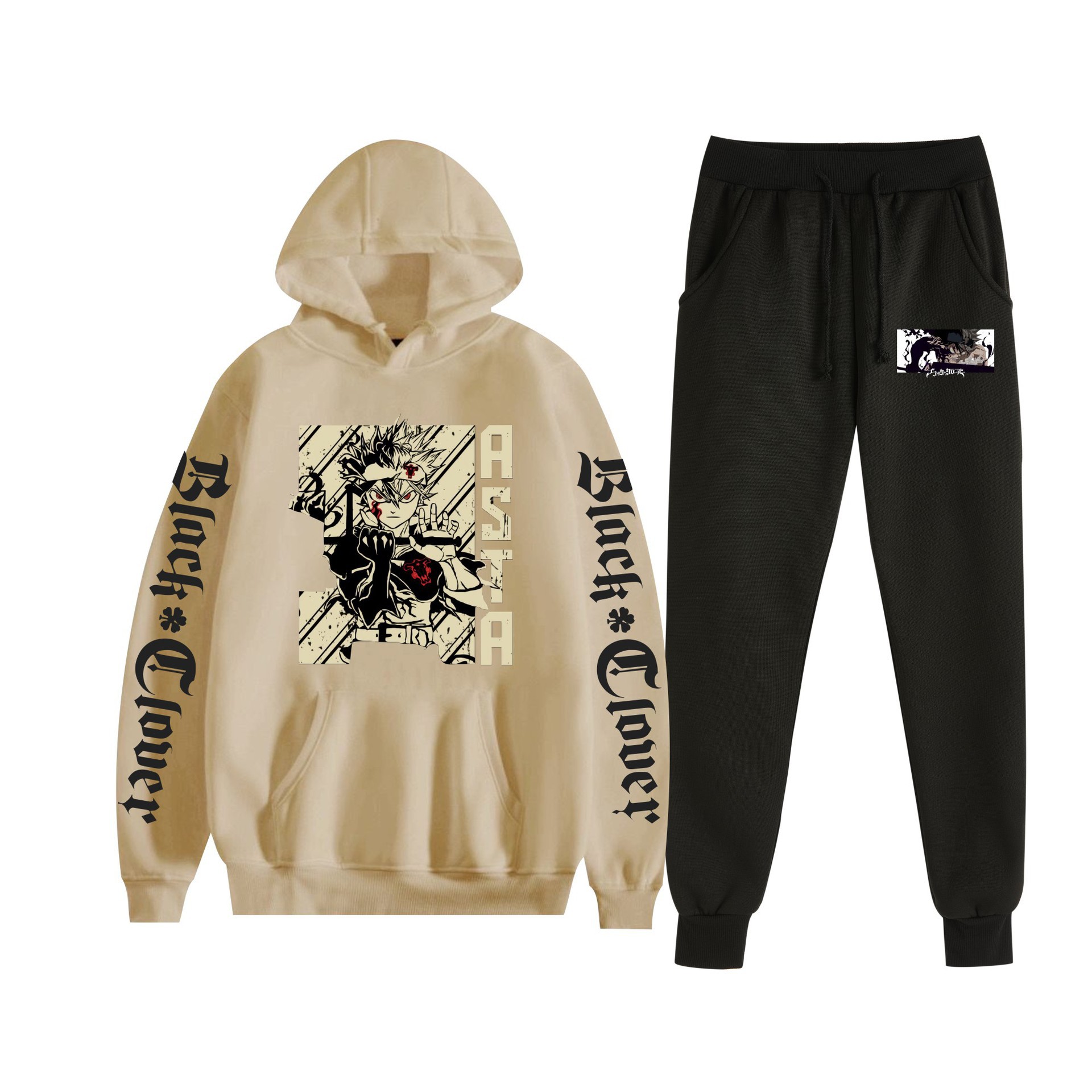 Trébol de cuatro hojas negro nuevo estilo transfronterizo Black Clover pareja suéter con capucha hombres y mujeres pantalones de dos piezas