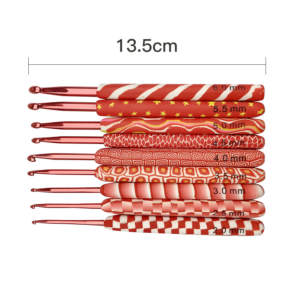 Herramientas de tejer aguja suéter largo rojo arcilla suave mango aluminio crochet conjunto 9 OPP bolsa embalaje