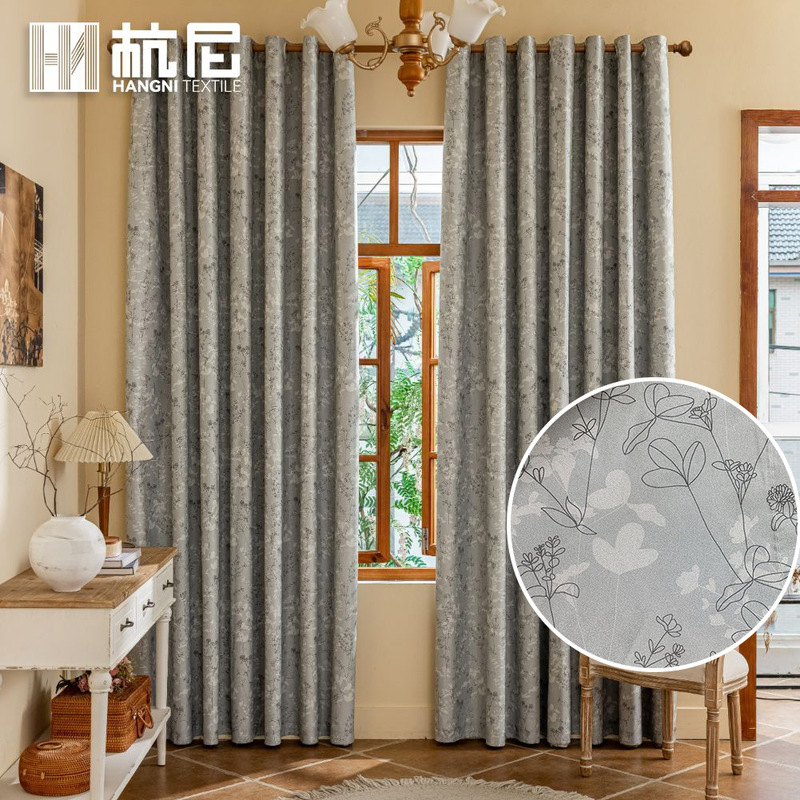 Gray Floral Full Blackout Finished Curtains, Cross-Border American-Style Printed Curtain Fabric, Home Window Curtains for Living Room and Bedroom Gray Floral Full Blackout Finished Curtains, Cross-Border American-Style Printed Curtain Fabric, Home Window Curtains for Living Room and Bedroom