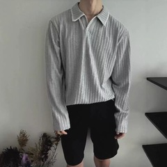 潮牌「手缝线麦穗纹」长袖Polo衫高智感V领翻领肌理感打底衫t恤男