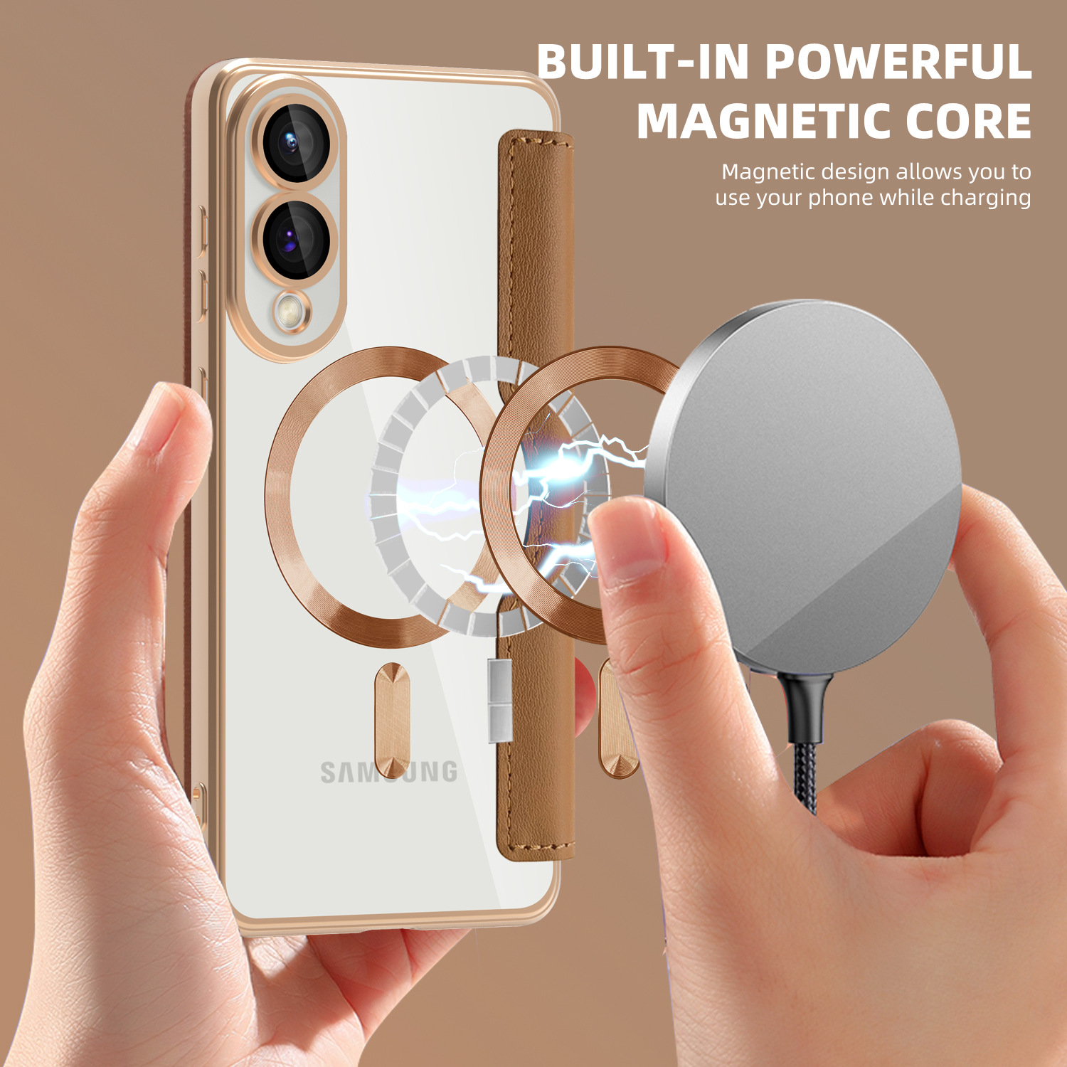 Adecuado para Samsung S25Edge Golden Shield Magnetic Business Cube Funda de cuero S24FE Tarjeta de enchufe Película de lente Flip Funda para teléfono a prueba de caídas