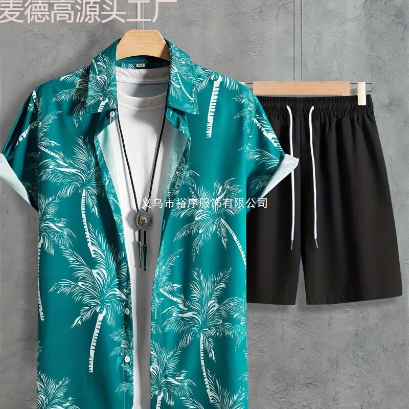2025 New Foreign Trade Men's Shirt Set Beach Style Summer Hawaiian Casual Floral Shirt