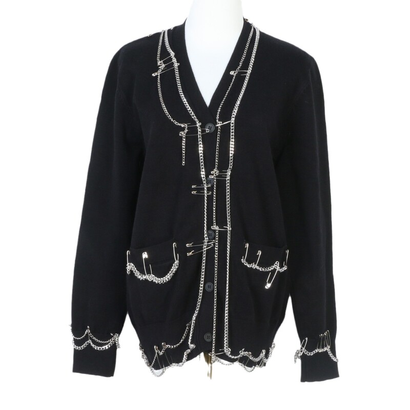 Cool Black Sexy Little Mustang Hyun A imp Same European Style Distinctive Heavy Industry Pin Chain Loose Knitted Cardigan Women