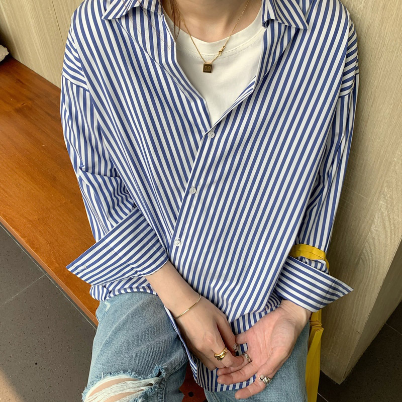 帮手主图-条纹衬衫女设计感小众春秋2021新款复古港风衬衣宽
