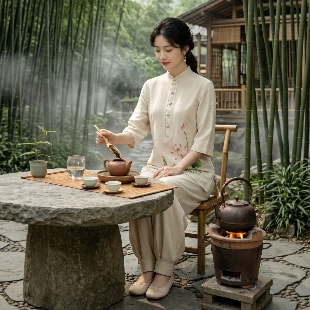 新中式禅修服女亚麻套装春秋盘扣国风茶服居士服大码禅意棉麻服装