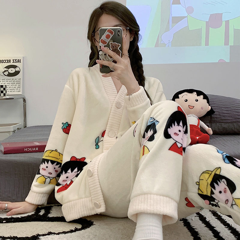 Varios pijamas de invierno de las mujeres con cuello en V cardigan de dibujos animados lindo forro polar engrosada franela traje homewear mujeres