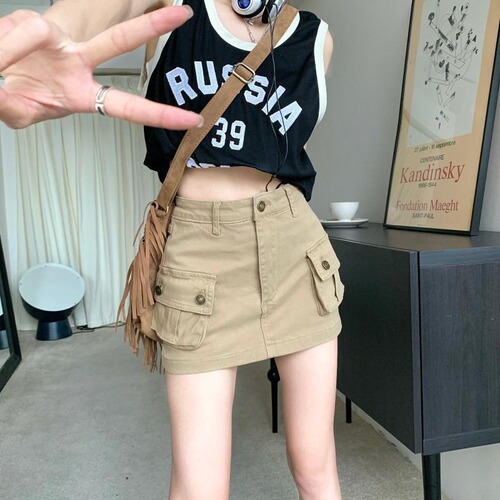 Khaki work denim short skirt for women, American retro high-waist a-line skirt, hot girl anti-exposure package hip culottes