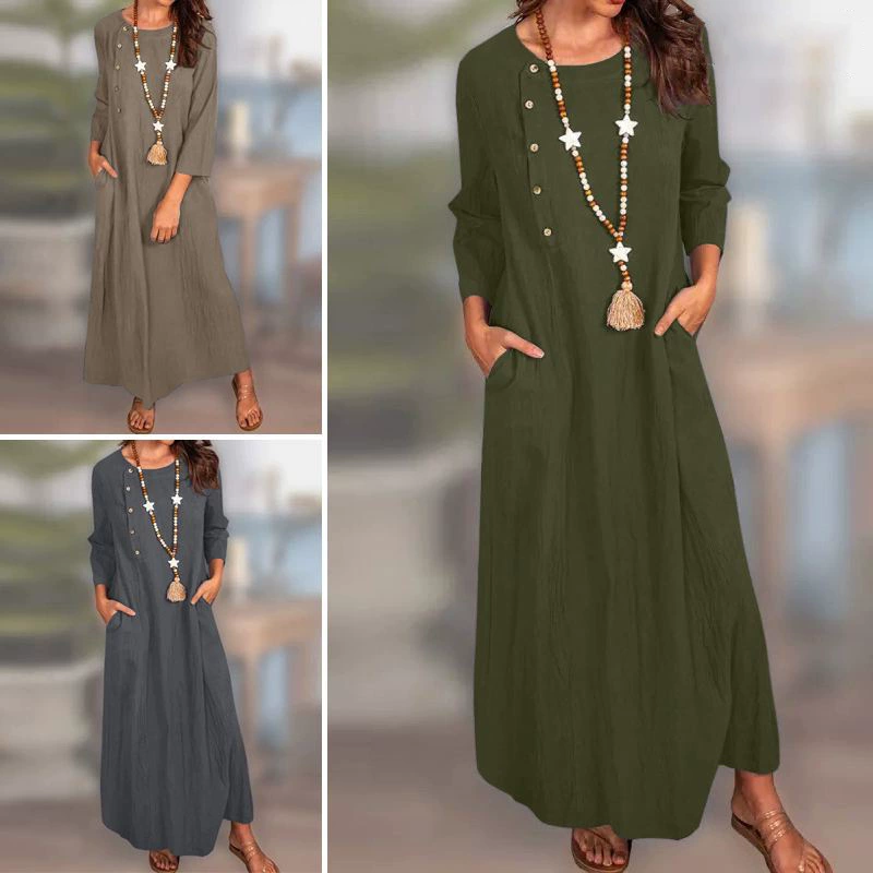 2023 Европа и Америка Amazon AliExpress Весна и лето Новая Серая однотонная тканая длинная одежда в национальном стиле в стиле ретро с длинными рукавами