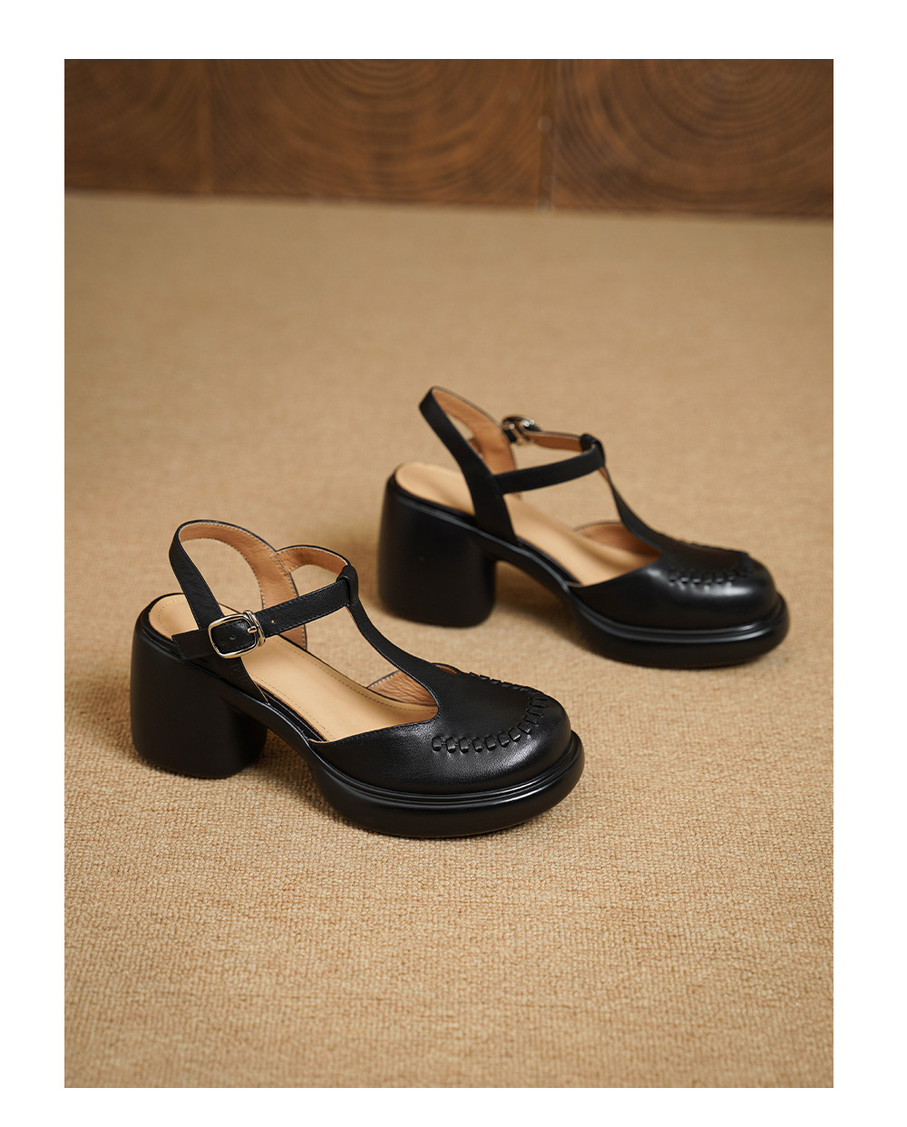 Sandal cao gót nữ quai ngang mũi nhọn da bò thật, gót 8 cm đế dày — đen chi tiết 16