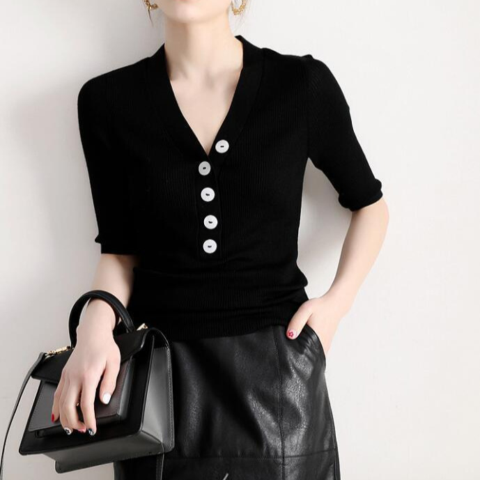 Special welfare contrast color shell buckle V-neck half sleeve wool sweater women's thin