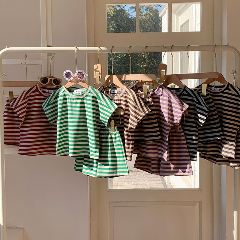 Striped Short-Sleeved Baby Clothes for Export, Summer Cotton Casual Style Short-Sleeved Lapel Pure Color Boys and Girls T-Shirts