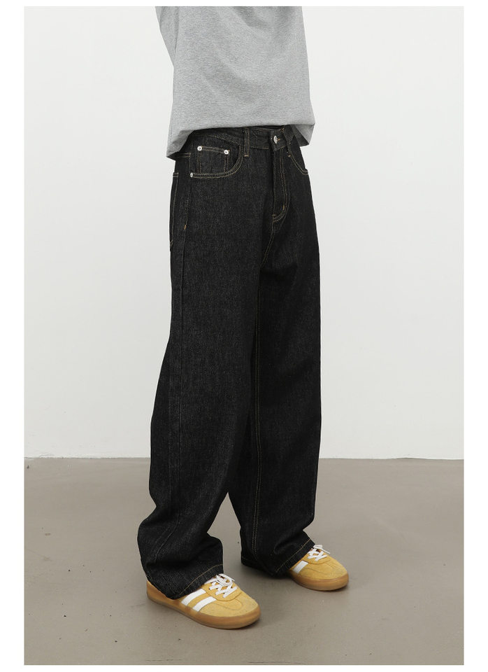 Quần jean nam ống rộng lưng giữa form suông thoải mái phong cách cơ bản — Denim đen, màu xanh denim chi tiết 10