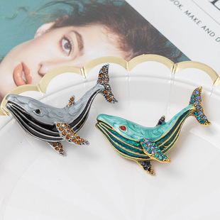 Cross-border new European and American fashion hot brooch with rhinestone drop oil enamel whale dolphin high-end brooch wholesale