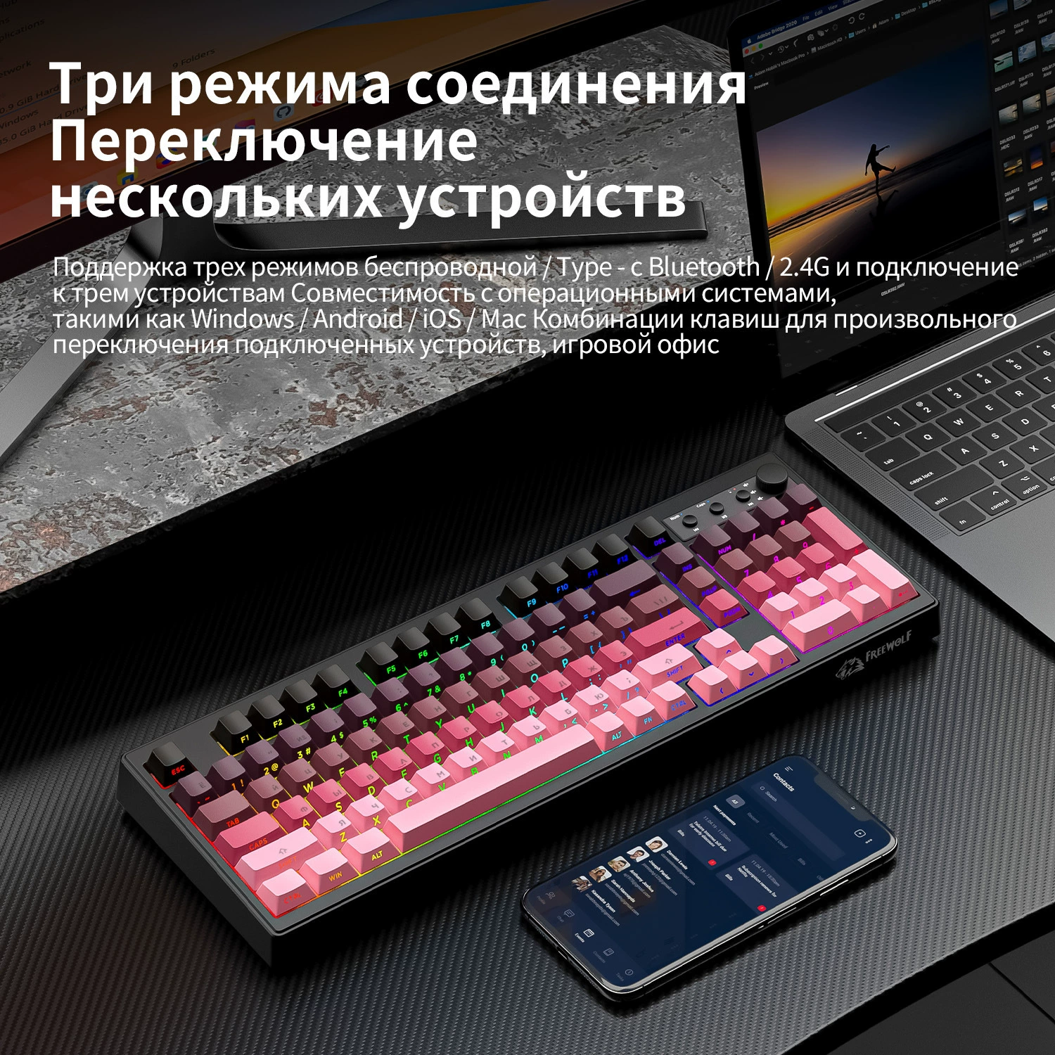 Беспроводная механическая клавиатура Free Wolf K100 с русской раскладкой, RGB, три режима, PBT, Bluetooth для игр