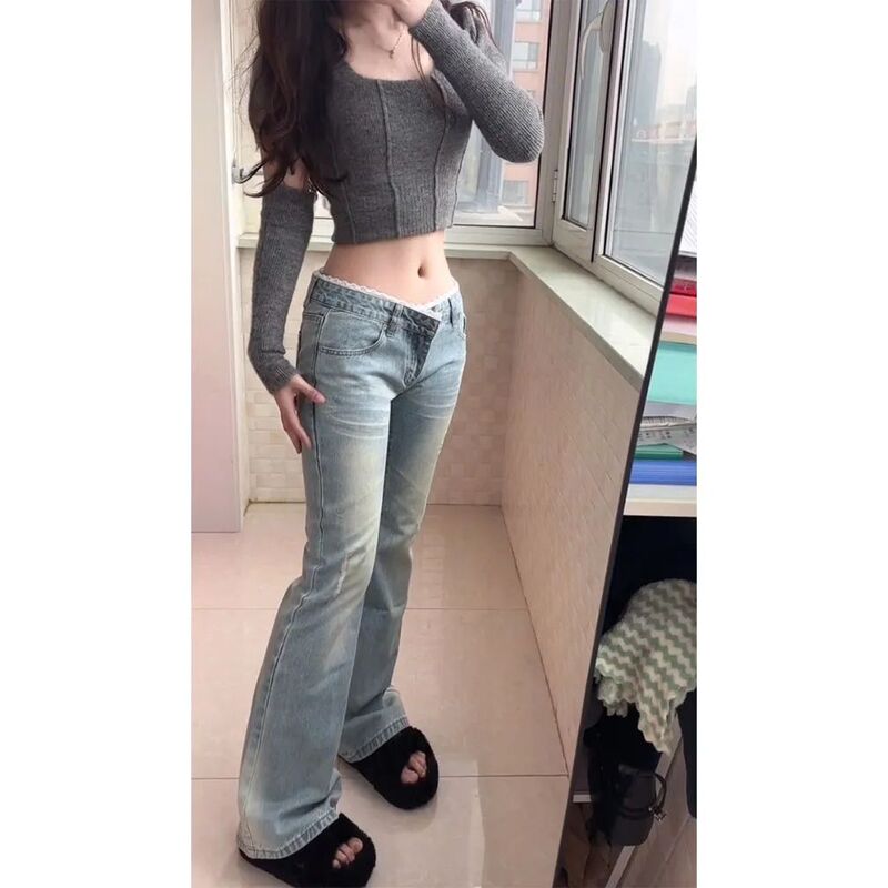American Washed Light-Colored Bootcut Jeans for Women in Autumn and Winter New Style Lace Splicing Low-Waist Loose Non-Leg-Hugging Bell-Bottom Pants