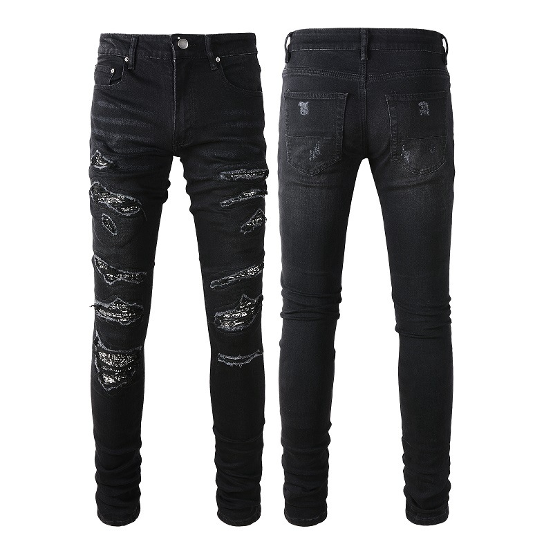 Herrenbekleidung Jeans Herren Cashew Blumen Patch Street Fashion Marke Slim Fit Röhrenjeans mit Löchern_voghion.com
