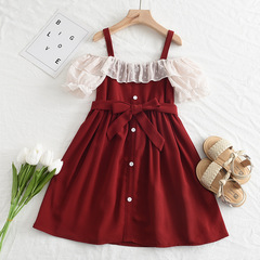 女童吊帶連衣裙蕾絲拼接公主裙中小童夏季新款外貿系帶露肩連衣裙