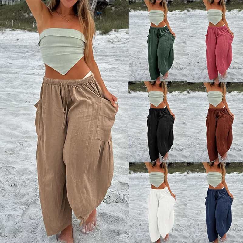 2025 Cross-Border Spring and Summer Amazon European and American Elastic Waist Pleated Mid-Waist Straight Pants Loose Casual Cotton and Linen Nine-Point Pants
