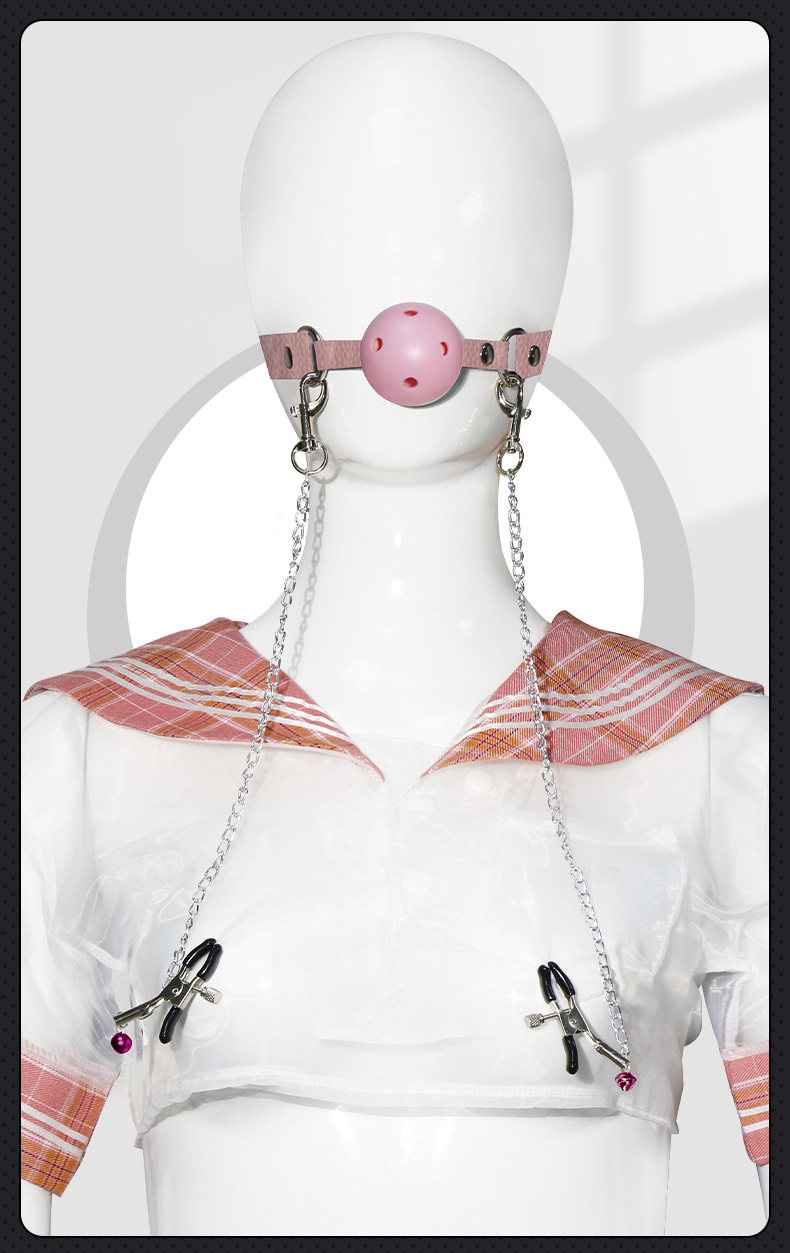 SM Mouth Gag and Nipple Clamp Set in Black Leather and Metal for Adult Bondage Play — detail image 10