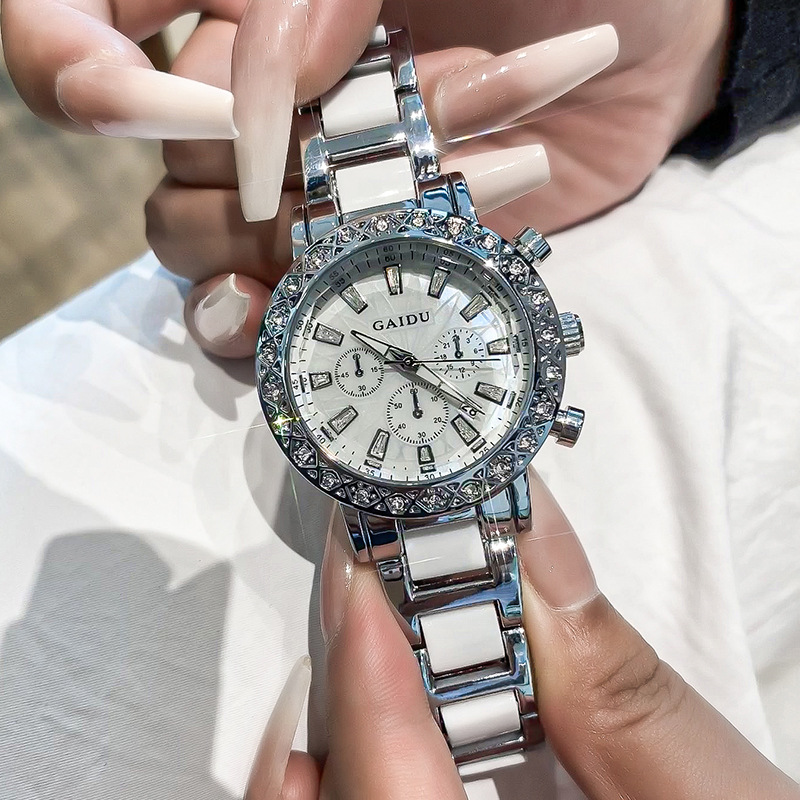 2026 Spring New Fashion Women's Watch Waterproof Luminous Mother-Of-Pearl Quartz Women's Watch Round Diamond-Inlaid Calendar Ceramic