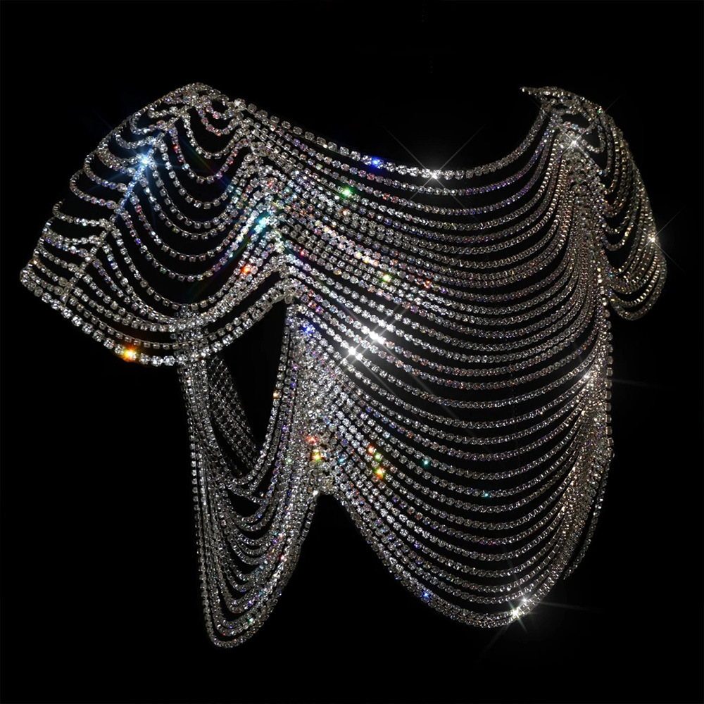 Cadena de pecho rhinestone vendedora caliente transfronteriza Cadena de accesorios de lujo de cadena de cuerpo de borla exagerada sexy europea y americana