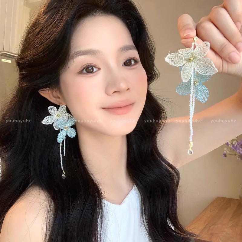 温柔风花朵锆石流苏耳环女轻奢高级感独特设计精致耳钉夸张耳饰品|undefined