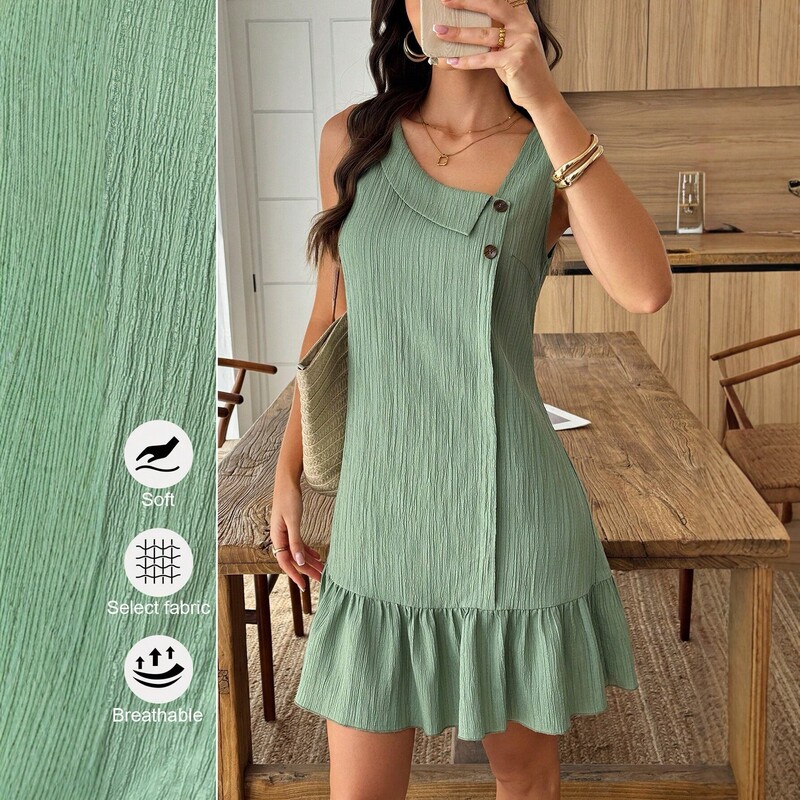 2026 Summer New Style Bean Green Pleated Sleeveless A-Line Dress with Ruffles, Casual Resort Style Women's Clothing