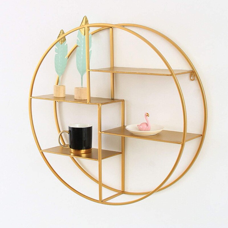 Nordic Golden Iron Art Living Room Wall-Mounted Bookshelf, Personalized Creative Storage Rack, Wall Decoration, Round Display Shelf