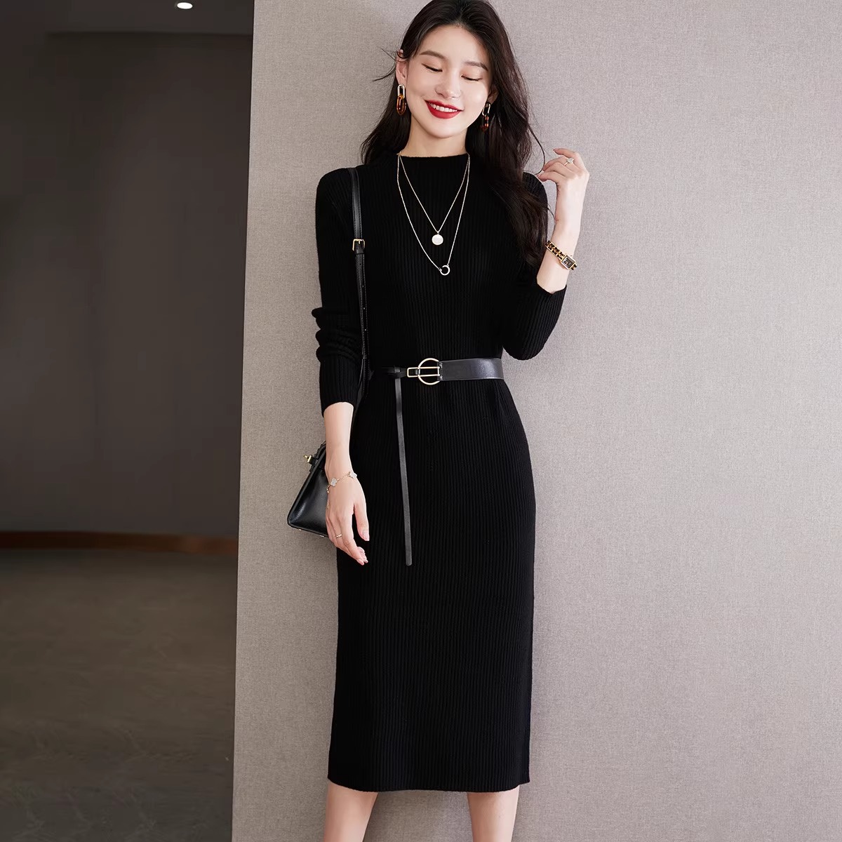 高级感长款羊毛针织连衣裙女2024秋冬新款半高领内搭打底气质毛衣