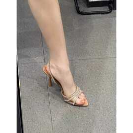 新款水钻细跟性感凉鞋天然色亮光镶饰高跟鞋细跟凉鞋透明尖头鞋女