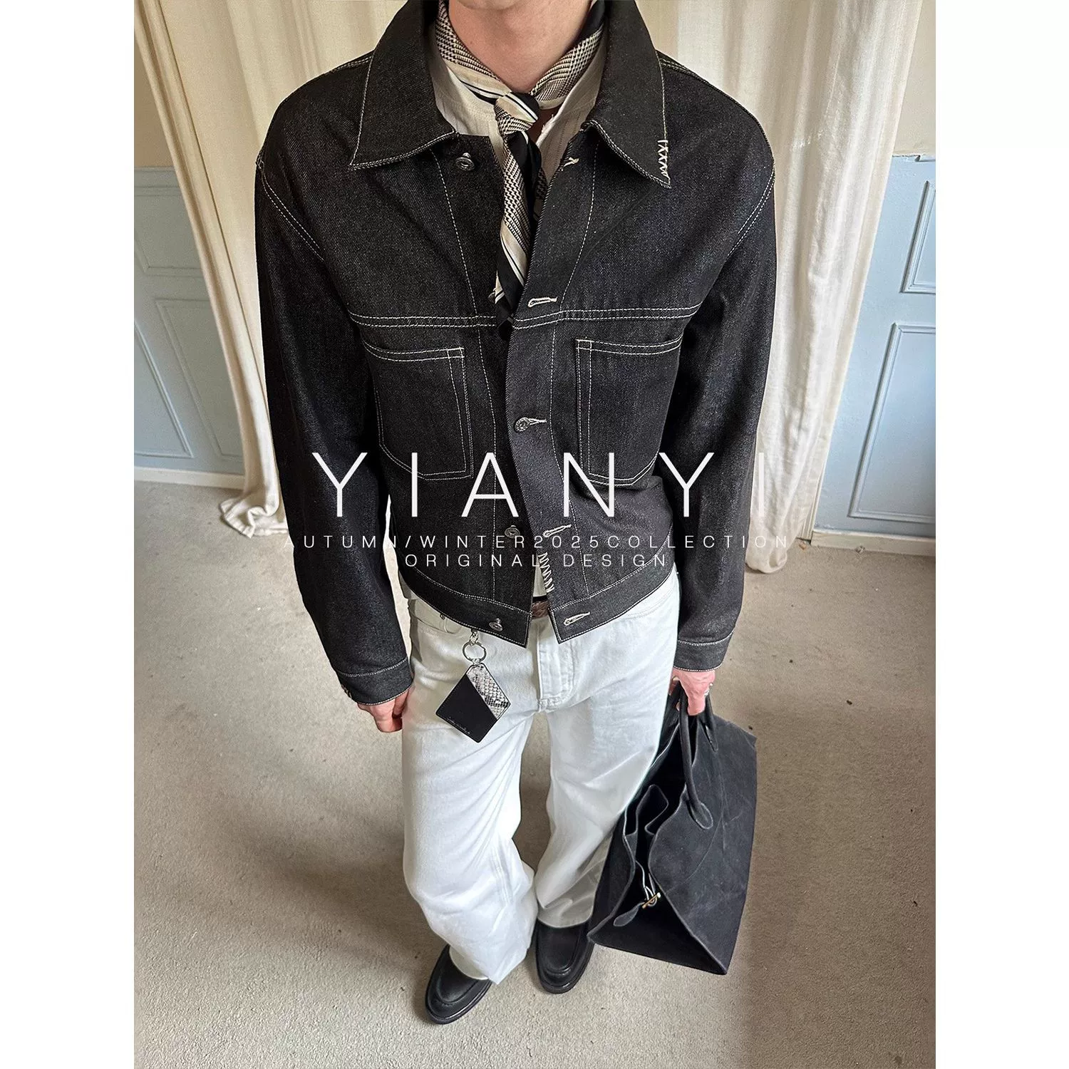 EME易盛易 秋冬原牛复古短宽boxy双口袋翻领牛仔套装夹克外套男女