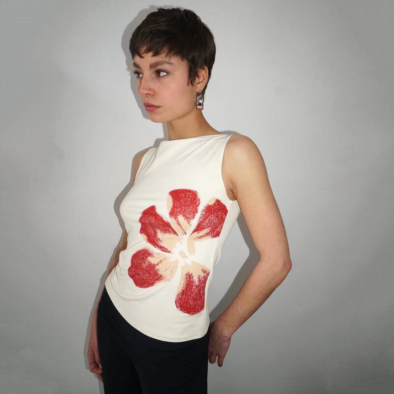 European and American Spice Girl Crewneck Simple Floral Printed Sleeveless Vest Women's Slim-fit Slimming Pullover Top