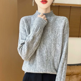 秋冬新款一线成衣7针纯羊毛衫女半高领扭花套头毛衣时尚百搭打底