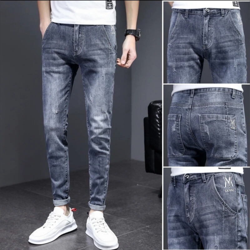 Men's Jeans Popular Style 2025 New Elastic Embroidered Trendy Slim Straight Men's Casual Skinny Pants
