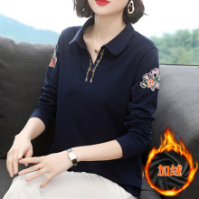 2023秋装刺绣民族风妈妈中长款宽松棉长袖t恤上衣打底衫长袖棉T恤